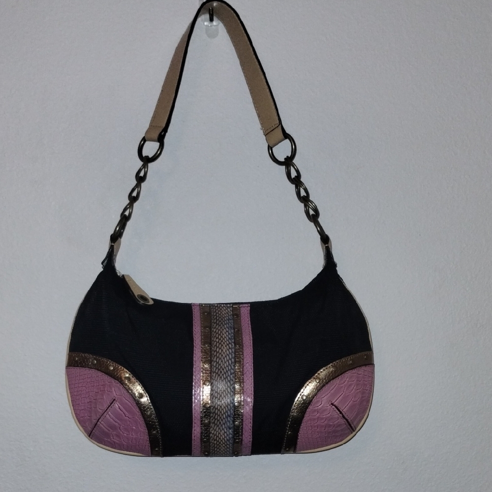 Chic Black and Pink Shoulder Bag with Metallic Accents
